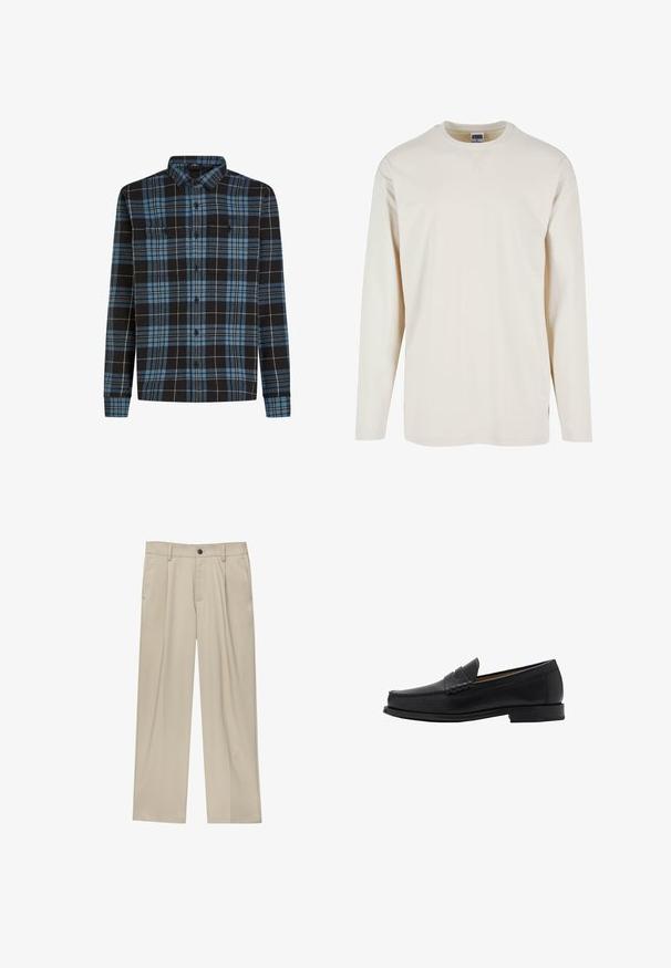 Zwart-blauwe flanellen shirt met een geruit patroon, lange mouwen, knopen voorkant en twee borstzakken. Gemaakt van zachte stof.; Crème T-shirt met lange mouwen, gemaakt van zachte katoen, met een ronde halslijn en zijsplitten voor extra comfort. Minimalistisch ontwerp, effen textuur.; Beige broek met een rechte snit, voorzien van een enkele zwarte knoop, riemlussen en zijzakken. Glad stoffen textuur en een minimalistisch ontwerp.; Mango Zakelijke loafers - black