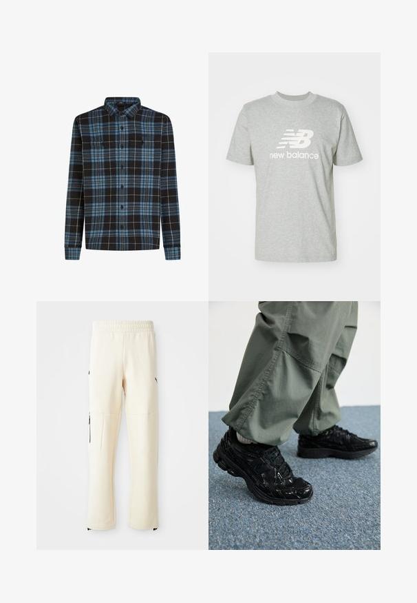 Juodas ir mėlynas flanelinis marškiniai su langeliais, ilgomis rankovėmis, mygtukų užsegimu priekyje ir dviem krūtinės kišenėmis. Pagaminta iš minkštos medžiagos.; Šviesiai pilkas medvilninis marškinėliai su trumpomis rankovėmis, apvalia iškirpte ir baltu "New Balance" logotipu, kuriuo išryškintas priekyje.; Šviesiai smėliniai sportiniai kelnių pagaminti iš minkštos medžiagos. Yra juodas logotipas, šoniniai kišenės su užtrauktukais ir laisvas siluetas.; Juodi sportiniai bateliai su blizgiu ir tinkliniu tekstūromis, turintys storą pado ir raištus, derinami su laisvomis alyvuogių spalvos kargo kelnėmis.