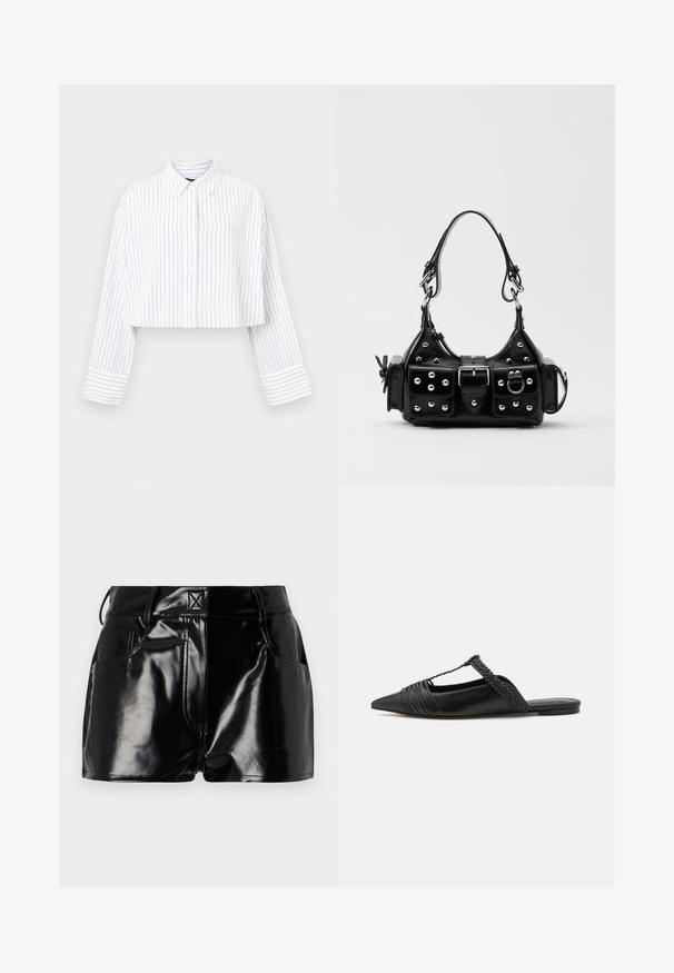 Cropped white shirt with vertical navy stripes, buttoned front, pointed collar, and wide cuffs. Made of lightweight, smooth fabric.; Black, glossy shorts made of synthetic material. Features a fitted waist, belt loops, and front pockets with prominent stitching details.; Black leather slingback shoe with a pointed toe, featuring a woven accent and pleated upper design. Flat sole with minimal hardware.; Black leather handbag with a curved design, featuring silver studs, a buckle, and two side pockets. Adjustable strap for carrying options.