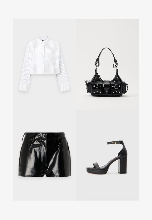 Cropped white shirt with vertical navy stripes, buttoned front, pointed collar, and wide cuffs. Made of lightweight, smooth fabric.; Black, glossy shorts made of synthetic material. Features a fitted waist, belt loops, and front pockets with prominent stitching details.; Black platform sandals with a thick block heel, smooth leather material, open toe design, and an ankle strap featuring a gold buckle accent.; Black leather handbag with a curved design, featuring silver studs, a buckle, and two side pockets. Adjustable strap for carrying options.