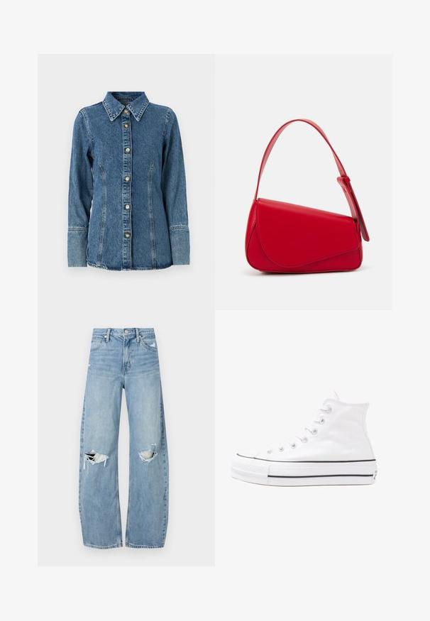 Camicia di denim blu medio, con colletto classico, maniche lunghe, chiusura con bottoni e cuciture a contrasto lungo le cuciture.; Jeans azzurri chiari a vita alta realizzati in denim. Presentano gambe larghe, due aree strappate sulle ginocchia e il classico styling a cinque tasche.; Sneaker alta in tela bianca con suola in gomma nera, punta in gomma frontale e sei asole per i lacci, caratterizzata da un design pulito e minimalista.; Borsa a tracolla in pelle rossa con un design angolare e geometrico. Presenta una singola tracolla regolabile e una chiusura a patta con dettagli cuciti.