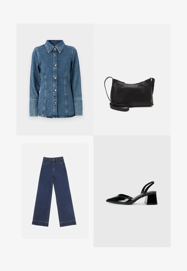 Camasa din denim de culoare bleu mediu, cu guler clasic, mâneci lungi, închidere cu nasturi și cusături contrastante pe margini.; Jeans evazați din denim albastru închis. Au cinci buzunare, bucle pentru curea și o margine brută la baza, cu detalii de coasere vizibile.; Pantofi cu toc slingback din piele lacuită neagră, cu vârf ascuțit și toc geometric. Prezintă un design elegant, minimalist și o textură netedă.; Geantă de umăr din piele neagră, cu o textură netedă, formă curbată, curea ajustabilă și închidere cu fermoar. Design minimalist, fără embellishments.