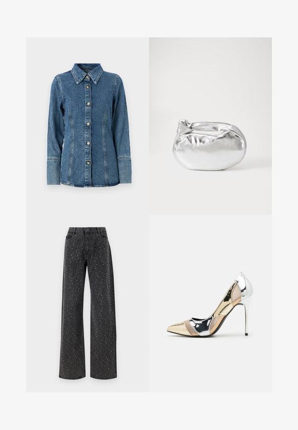 Denim shirt in medium blue, featuring a classic collar, long sleeves, button closure, and contrasting stitching along seams.; Noisy May NMJANNEL LOOSE - Relaxed fit jeans - black denim; Pointed-toe high heel shoe with a silver, gold, and nude color scheme. Glossy finish with cutout design, featuring a stiletto heel.; Silver metallic pouch bag with a soft, rounded shape and a knotted top closure. Made from smooth faux leather material.; Silver hoop earrings with a minimalist design. Circular shape, smooth texture, and thin profile. Lightweight with a polished finish.