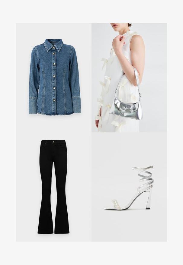 Középkék farmering, klasszikus gallérral, hosszú ujjakkal, gombos záródással és kontrasztos varrással a varrások mentén.; Fekete, magas derekú farmernadrág gomb- és cipzárzárral, elülső zsebekkel és harangszárral, laposan egy fehér háttérre terítve.; Ezüst színű, magas sarkú szandál, csillogó pánt dizájnnal, gyöngyszerű díszítéssel és spirális bokapánttal a biztos illeszkedés érdekében.; Ezüst fémes kézitáska, struktúrált formával, felső fogantyúval és masnis részlettel az elején. Simaságával és fényes felületével tűnik ki.