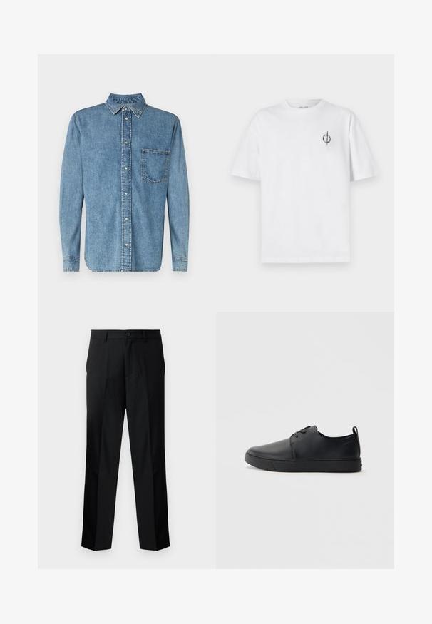 Samsøe Samsøe DAMON - Pluus - medium stone; Valge puuvillane t-särk lõdva sobivusega, millel on vasakul rinnal väike must graafiline logo. Lühikesed varrukad, ümmargune kaelus.; Mustad musträbimoodulitega püksid sirge lõikega, mis sisaldavad nööpe, lukku ja vöökumme. Sile kanga tekstuur ja küljetaskud.; Mustaläik nahast spordijalatsid siledaga viimistlusega, ümarate varvastega, sama tooni õmblustega, nööbid ees, ja lamedate kummist tallaga. Kannas aas.