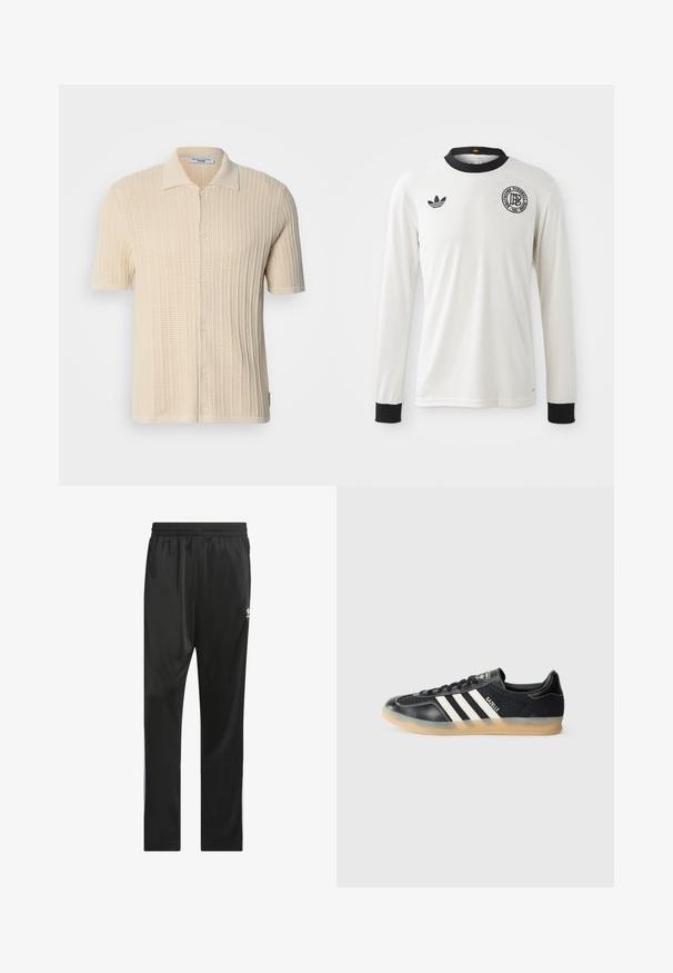 Kratka majica s kratkimi rokavi v kremni barvi z teksturiranim pletenim vzorcem, z gumbi spredaj in klasičnim ovratnikom. Ima rebrast vzorec po celotni površini.; Bela dolga majica za nogomet z ribasto teksturo, črnimi ovratnikom in manšetami, z črnim logotipom Adidas in krožno grafično emblem.; Črne atletske hlače iz gladkega, lahkega materiala. Imajo elastičen pas in bele stranske črte z logotipom na stegnu.; Črne športne copate z belimi črtami, teksturirana tkanina, gladek usnjen nos in gumijast podplat. Vsebuje logo na jeziku.