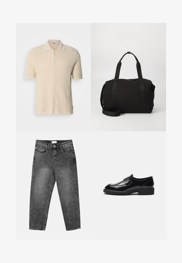 Vaalean kermanvärinen lyhythihainen paita, jossa on teksturoitu neulekuvio, nappikiinnitys edessä ja klassinen kaulus. Sisältää ribbikuvion koko paita.; Viisi lyhythihaista t-paitaa valkoisena, beigeinä, vaaleanharmaana, tummanharmaana ja mustana. Valmistettu sileästä puuvillasta, jossa on pyöreä kaula-aukko.; Mustat pesetyt suorat farkut, joissa on etu- ja takataskut, vyölenkit ja nappisuljenta vyötäröllä.; Zign LEATHER - Puvunkengät - black; Musta viikonloppulaukku, jossa on paksut kahvat ja irrotettava olkahihna. Valmistettu sileästä kankaasta, jossa on vetoketju suljenta ja minimalistinen muotoilu.