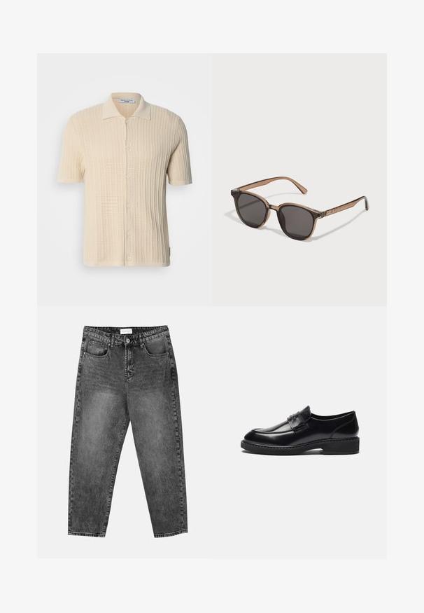 Camisa de manga corta color crema con un diseño de punto texturizado, cierre de botones en la parte delantera y un cuello clásico. Presenta un patrón acanalado en toda su extensión.; Conjunto de cinco camisetas de manga corta en blanco, beige, gris claro, gris oscuro y negro. Hechas de algodón suave, con un diseño de cuello redondo.; Jeans de pernera recta en lavado negro con bolsillos delanteros y traseros, trabillas para cinturón y cierre de botón en la cintura.; Zign LEATHER - Mocasines elegantes - black; Gafas de sol de plástico marrón con lentes oscuros, forma redondeada y patillas estrechas. Adorno notable en las varillas.; Bolsa de deporte negra con asas gruesas y una correa desmontable. Fabricada en un tejido suave, cuenta con un cierre de cremallera y un diseño minimalista.