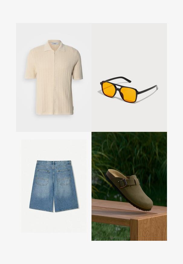 Koszula z krótkim rękawem w kolorze kremowym, z fakturowanym wzorem dzianiny, z zapinaniem na guziki z przodu oraz klasycznym kołnierzykiem. Posiada prążkowany wzór na całej powierzchni.; Denimowe szorty w jasnoniebieskim kolorze o luźnym kroju, z dwoma tylnymi kieszeniami i widocznym szwem. Tkanina ma miękką, gładką teksturę.; Olivegreenowe zamszowe klapki na obcasie z klamrą, uniesione nad drewnianą ławką, w tle zielona trawa i rośliny.; Czarne prostokątne okulary przeciwsłoneczne z wyrazistymi pomarańczowymi soczewkami. Posiadają unikalny kształt mostka i smukłe ramiona, wykonane z lekkiego materiału.