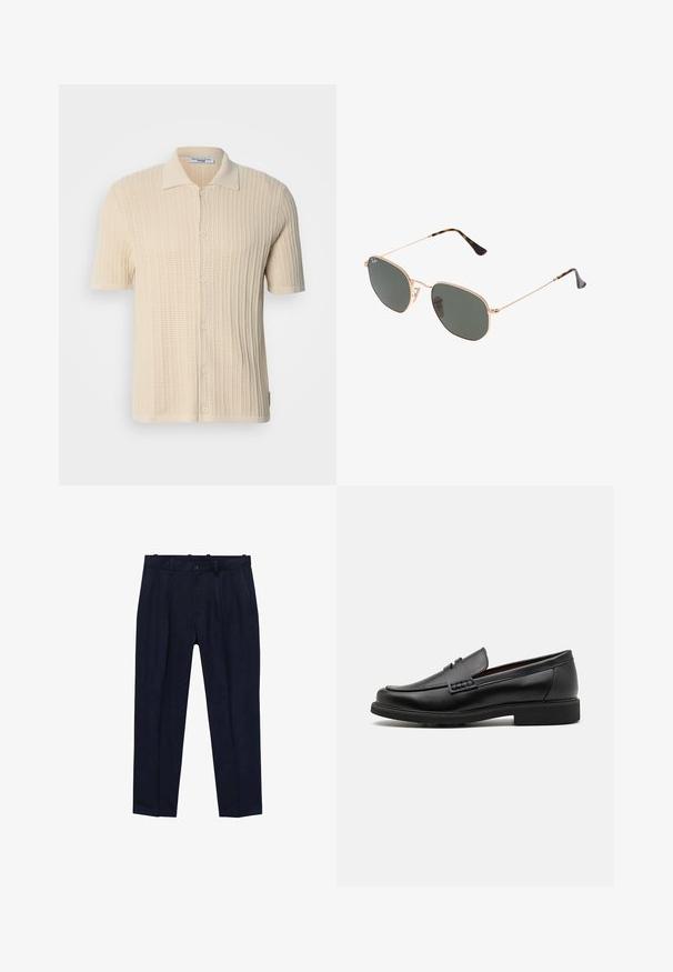 Vaalean kermanvärinen lyhythihainen paita, jossa on teksturoitu neulekuvio, nappikiinnitys edessä ja klassinen kaulus. Sisältää ribbikuvion koko paita.; Navy-huoneet, jotka on valmistettu sileästä kankaasta, jossa on hieman muotoiltu istuvuus, etupuolella laskokset, vyölenkit ja yksi napin sulkeminen.; Musta keinotekoinen mokka, jossa on korostettu ommeltu etuosa, pehmeä sisäpohja ja litteä kumipohja; tyylikäs muotoilu, jossa on vähäistä yksityiskohtaisuutta.; Kultaa metallikehyksiset aurinkolasit tummanvihreillä linsseillä, pilottilaatuinen tyyli, jossa on kapeat varret ja kilpikonnakuosiset korostukset päissä.