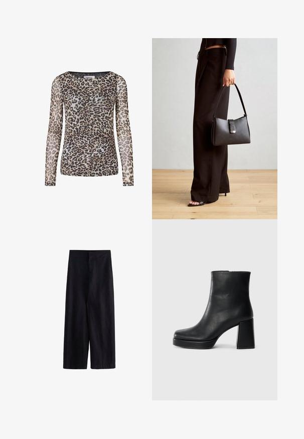 Long-sleeve leopard print top in sheer, lightweight fabric. Features a round neckline and ruched detailing, with shades of tan, black, and brown.; Black wide-leg trousers made from lightweight fabric. Features a flat waistband with a front zip and pockets, suitable for casual or formal wear.; Black leather ankle boot with a block heel and platform sole, viewed from the side on a plain white background.; Black handbag with structured shape, smooth texture, and a metallic clasp. Paired with wide black pants and open-toe sandals on wooden floor.