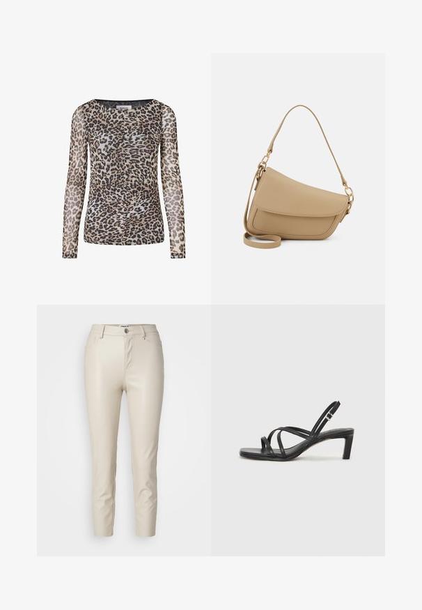 Ilgų rankovių leopardų rašto marškinėliai iš skaidraus, lengvo audinio. Suapvalintas kaklo iškirpimas ir raukšlių detalės, vyrauja šviesiai ruda, juoda ir ruda spalvos.; Smėlio spalvos dirbtinės odos kelnės su siauru siluetu, priekinių kišenių ir sagos uždarymu, su glotnia tekstūra ir siaurėjančiomis kojomis.; Juodi šlepetės su kvadratiniu pirštu ir žemu bloku kulnu. Yra keli ploni dirželiai ir reguliuojamas kulkšnies diržas. Pagaminti iš lygios odos.; Even&Odd Rankinė - beige