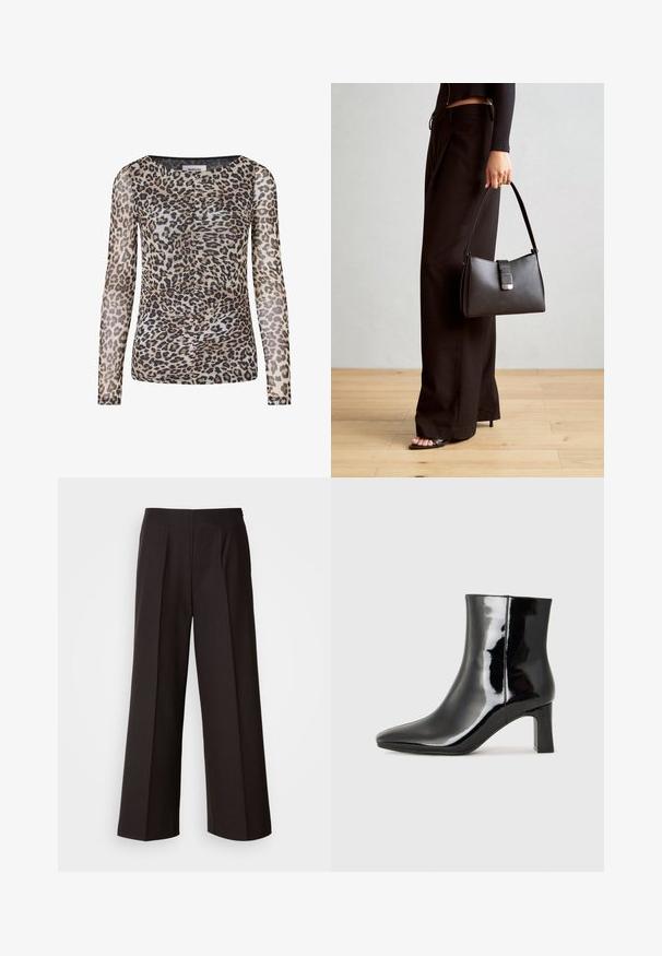 Dlhý rukáv s leopardím vzorom vyrobený z priesvitného, ľahkého materiálu. Má okrúhly výstrih a nariasené detaily, v odtieňoch pieskovej, čiernej a hnedej.; Čierne široké nohavice s plochým predným dielom, záhybmi a hladkou textúrou látky. Majú vysoký pás a strihaný strih pre štruktúrované oblečenie.; Čierne lakované členkové topánky s špicatou špičkou a stredne vysokým blokovým podpätkom. Hladká textúra a minimalistický dizajn.; Čierna kabelka so štruktúrovaným tvarom, hladkou textúrou a kovovou sponou. V kombinácii so širokými čiernymi nohavicami a sandálmi s otvorenou špičkou na drevenej podlahe.