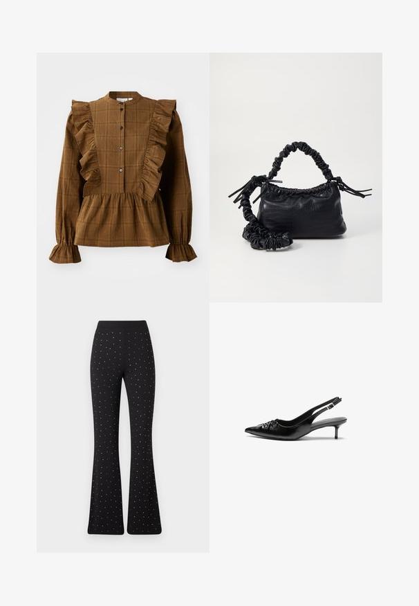 Rjava karo bluzo z naborki ob ramenih in spredaj. Polne rokave in nabran rob ustvarjajo teksturiran, plasten videz.; Črna majica brez naramnic, izdelana iz mehkega in raztegljivega materiala, z nabranimi detajli in širokim trakastim dizajnom na eni strani.; Črne razširjene hlače z enakomerno razporejenimi majhnimi belimi pikami in navadnim pasom na belem ozadju.; Črne usnjene slingback pete z izostrenim nosom, majhno mačje peto in okrasno vozličasto podrobnostjo na sprednjem delu. Gladka tekstura po celotni površini.; Črna torbica iz umetnega usnja s krokodilovo teksturo, z zvitim vrhom in zmečkano naramico. Zdi se mehka in kompaktna v oblikovanju.