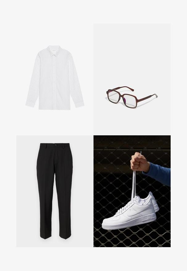 Camisa blanca de botones con finas rayas verticales negras, que presenta un cuello clásico y mangas largas con puños abotonados.; Pantalones negros de tela suave, con un diseño de pierna recta, bolsillos delanteros, un cierre de botón y sin patrones visibles.; Zapatillas de cuero blanco con perforaciones, punta redonda, suela plana y cordones gruesos, con un logo de swoosh visible y "AIR" en el talón.; Gafas marrones y rectangulares con lentes transparentes y tintes morados. Montura de plástico suave con patillas rectas y detalles sutiles.