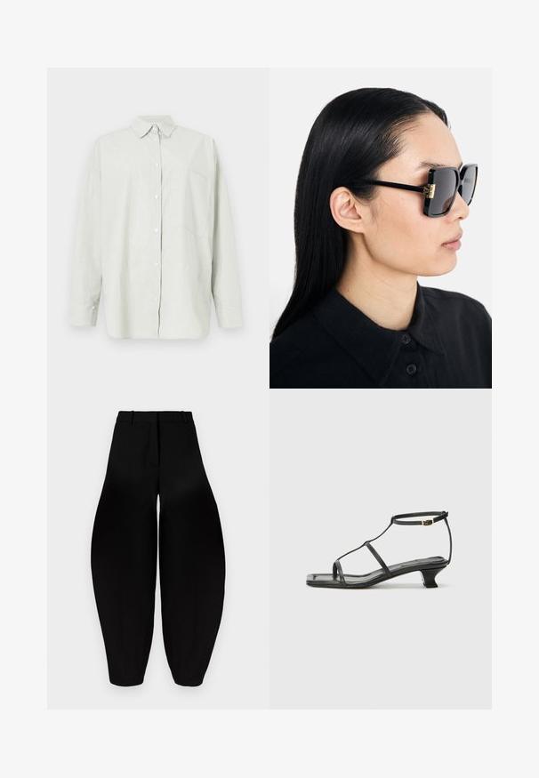 Gaiši zaļa, garām piedurknēm, ar pogām aizsegta krekla ar smalku svītru rakstu, priekšpuses kabatu un stingru apkakli. Klasisks piegriezums un gluda tekstūra.; Melnbra plaša kāju bikses ar augstu jostasvietu, gludu priekšpusi un sašaurinātiem potītes daļām. Izgatavotas no gludas auduma ar matētu apdari.; Melna ādas sandale ar kvadrātveida purngalu, plānām siksnām, regulējamu potītes siksnu un zemu papēdi. Iezīme ir neliela zelta akcenta detaļa uz siksnas.; Tory Burch Saulesbrilles - black/dark grey