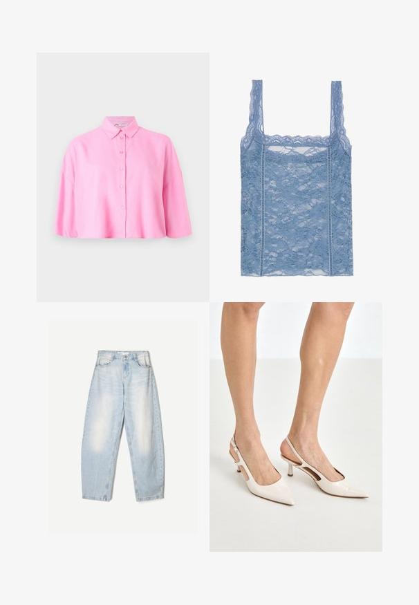 Cămașă roz cu mâneci scurte, cu guler ascuțit și croială lejeră. Fabricată dintr-un material ușor, cu o textură netedă.; Top de dantelă de culoare albastru deschis, cu bretele subțiri, având un tiv din dantelă zimțată și un model floral, conceput pentru o siluetă ajustată.; Jeanși din denim albastru deschis, cu o croială lejeră, având un finisaj decolorat, două buzunare frontale și o închidere cu nasture la talie.; Cizme slingback din piele vopsită bej, cu vârf ascuțit și toc de 5 cm, având laterale decupate și o curea subțire la gleznă.