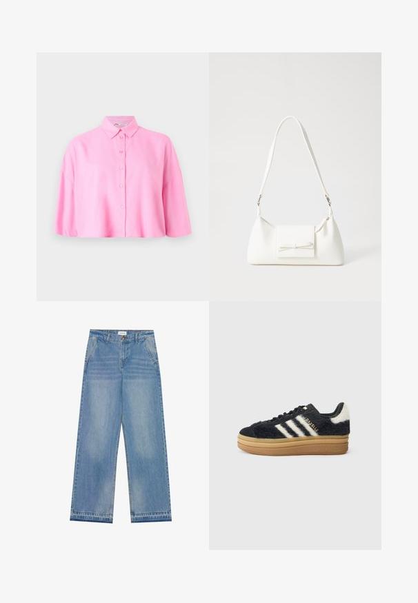 Rozā īsinātu piedurkņu krekliņš ar norādītu apkakli un brīvu piegriezumu. Izgatavots no viegla auduma ar gludu tekstūru.; Gaiši zila augsta jostasvieta plaša ar biksēm ar pogu aizdari, priekšējām kabatām, jostas cilpiņām un vieglu izbalējušu apdari.; Melni pūkaini čības ar baltām svītrām un zelta uzrakstu, ar biezu gumijas zoli un teksturētu virsmu. Akcentētas ar pūkainu aizmuguri.; Balta sintētiska soma ar trīsstūrveida formu, plakanu priekšējo vāciņu un loku detaļu, regulējamu siksnu, gludu tekstūru un minimālistisku dizainu.