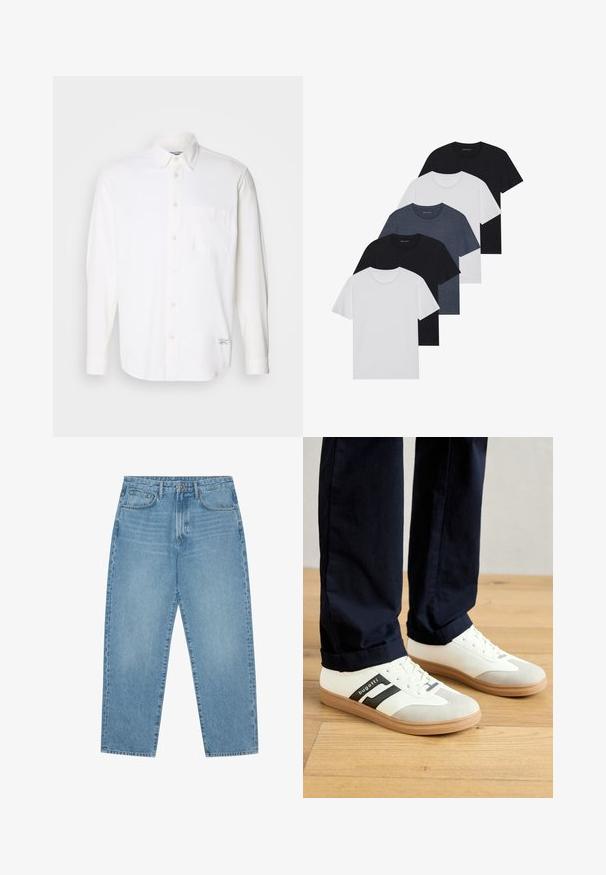 Biela košeľa s dlhým rukávom vyrobená z bavlny, s golierom na gombíky, jednou náprsné vrecko a jemnou textúrovanou látkou.; Sada piatich tričiek v čiernej, bielej a námorníckej modrej farbe. Bavlnený materiál, krátke rukávy, dizajn s okrúhlym výstrihom a hladká textúra bez vzorov.; Svetlo modré džíny s širokými nohavicami a vysokým pásom, s piatimi vreckami, pútkami na opasok a jemnou, mierne vyblednutou štruktúrou.; Biele a šedé tenisky s čiernymi pruhmi, vyrobené z kože, s gumovou podrážkou a plochými šnúrkami. Nosené s námorníckymi nohavicami na drevenej podlahe.