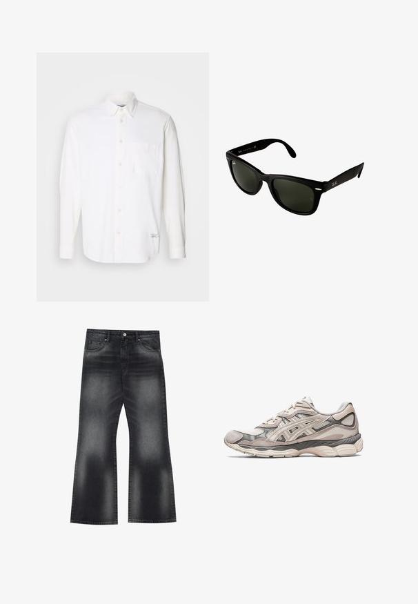 Balta kokvilnas krekls ar garām piedurknēm, ar pogām aizdaru apkakli, vienu krūšu kabatu un smalku strukturētu audumu.; Melnas denima flared bikses ar izbalējušu krāsu, pieciem kabatām un kontrastējošām šuvēm, ar nedaudz platu kāju atvērumu.; Gaišs pelēks sporta apavs ar acu un zamša augšdaļu. Iespējo samazinātu zoli, izteiktas pārklāšanas un strukturētu dizainu.; Melnās plastmasas saulesbrilles ar tumši zaļiem lēcām. Kvadrāta rāmja dizains ar sudraba akcentiem un izvirpotu logo uz tempļa.