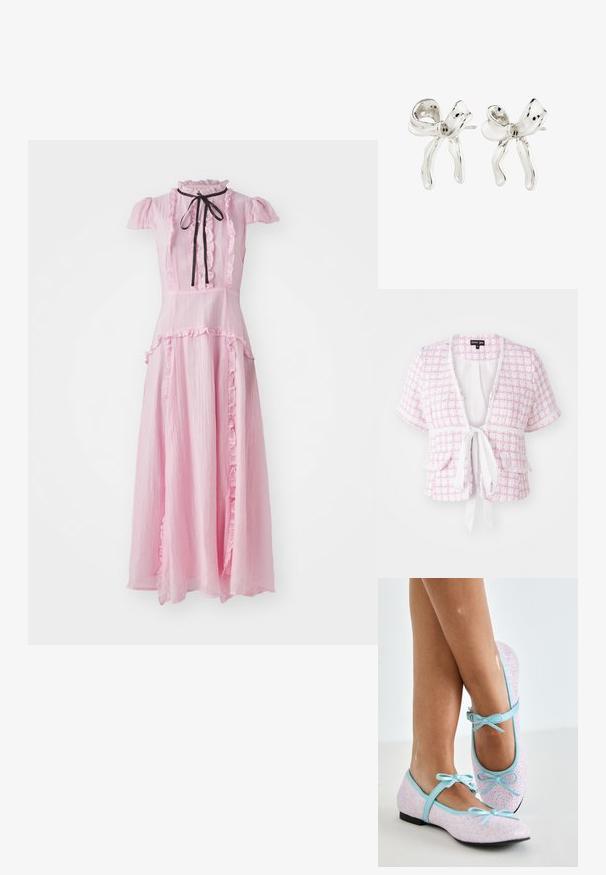 Trumpas rankovėmis, rožinis audinys švarkas su rišimu, priekinėmis kišenėmis ir tekstūruotu raštu. Ypatybės apima banginį apdailą ir laisvą siluetą.; Rožinė maksi suknelė su trumpomis pūkuotomis rankovėmis, raukšlėmis, aukštu kaklu ir juodu raiščiu priekyje. Pagaminta iš lengvos medžiagos.; Balerinos su rožinės spalvos blizgučių paviršių, mėlynomis odinėmis detalėmis, su kaspinais ant reguliuojamų dirželių ir mažu juodu kulniuku.; Sidabro auskarai, formos primenančios lanką, su blizgiu paviršiumi. Ypatybės: tekstūruotas paviršius ir kreiva forma, su prikabintomis sagutėmis.