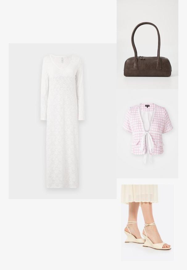 Giacca a maniche corte, rosa, in tessuto intrecciato con chiusura a cravatta, tasche frontali e motivo testurizzato. Presenta un bordo scallop e una vestibilità rilassata.; Abito bianco a maniche lunghe con un motivo in pizzo, scollatura a V, forma fluida e tessuto testurizzato, che arriva alla caviglia.; Sandali wedge beige con punte aperte e sottili cinghie alla caviglia. Materiale liscio e lucido con una forma moderna e angolare. Dettaglio di cucitura sottile.; Borsa a mano in pelle marrone con due manici robusti, forma rettangolare, texture liscia e chiusura con zip. Design minimalista senza motivi visibili.
