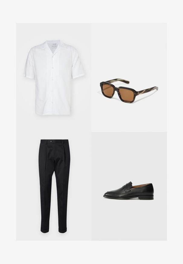 Tiger of Sweden BEKKETT - Overhemd - pure white; Zwarte broek gemaakt van een gladde stof, met een plooi aan de voorkant, een knopen sluiting en opgerolde manchetten bij de enkels.; Zwarte leren instapper met een ronde neus, subtiele stikdetails en een lage hak, met een gladde textuur en een minimalistisch ontwerp.; Plastic zonnebril met een schildpadpatroon, octagonale bruine lenzen en dunne gouden hardwareaccenten op het frame.