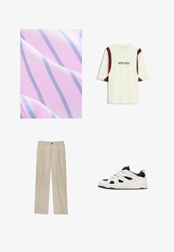 Next REGULAR FIT - Ing - pink blue; Krém színű, rövid ujjú póló bordó oldalsó panelek és fekete-piros csíkos grafikával ellátott "SOFT LOADING" felirattal az elején. Sima textúra.; Beige egyenes szárú nadrág, egy fekete gombbal, övhurkokkal és oldalzsebekkel. Sima szövettextúra és minimális design.; Fehér és fekete sportcipők, texturált talppal, oldalt kivágott mintákkal és fűzős megoldással, valamint párnázott hátsó résszel a támasz érdekében.