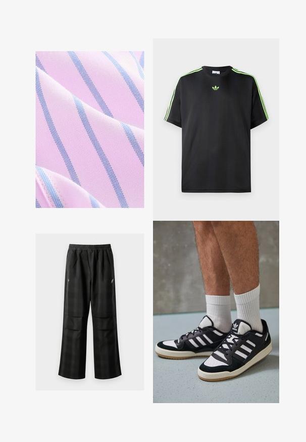 Next REGULAR FIT - Vapaa-ajan kauluspaita - pink blue; Mustat T-paita, joka on valmistettu sileästä kankaasta ja jossa on pyöreä kaula-aukko. Paidassa on kolme vihreää raitaa olkapäissä ja pieni vihreä logo rinnassa.; Mustat ruudulliset housut, joissa on joustava vyötärö, kaksi etutaskua ja rento istuvuus suoralla lahkeella. Valmistettu kevyestä materiaalista.; Valkoiset ja mustat tennarit, joissa on mokkanahka- ja nahkapäällinen, kolme valkoista raitaa, rei'itetty kärki ja kumipohja.