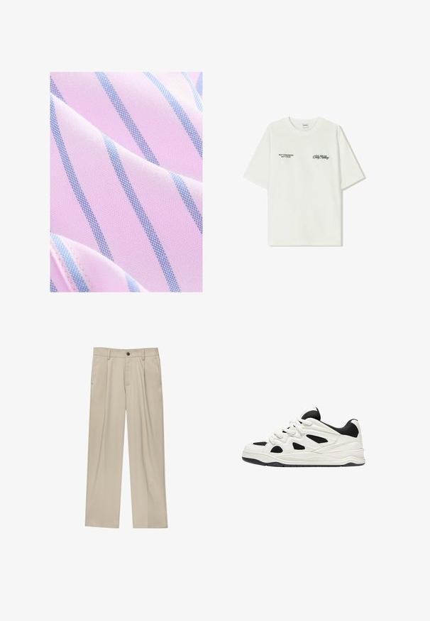 Next REGULAR FIT - Košeľa - pink blue; Biela bavlnená tričko s krátkymi rukávmi. Na prednej časti je čierny text: "NIE ZAJTRA NIE DNES" a "UMENIE HLINENIA" v zelenej skripte.; Béžové nohavice s rovný strihom, s jedným čiernym gombíkom, pútkami na opasok a bočnými vreckami. Hladká textúra látky a minimálny dizajn.; Biele a čierne športové topánky s textúrovanou podrážkou, s vyrezávanými dizajnmi na stranách a šnúrkami, a s polstrovaným zadným dielom pre podporu.