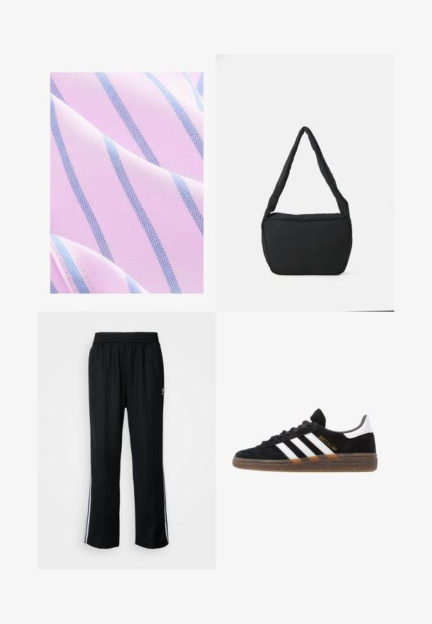 Next REGULAR FIT - Camisa - pink blue; Pantalones deportivos negros con cintura elástica, que presentan rayas laterales blancas y un pequeño logotipo. El material parece suave y ligero.; Zapatilla negra de Adidas con franjas blancas, texto dorado "Spezial", suela de goma y talón blanco, mostrada en vista lateral.; Bolso negro de hombro con textura acolchada, forma redondeada y correa ancha, con un logo grabado en el frente.