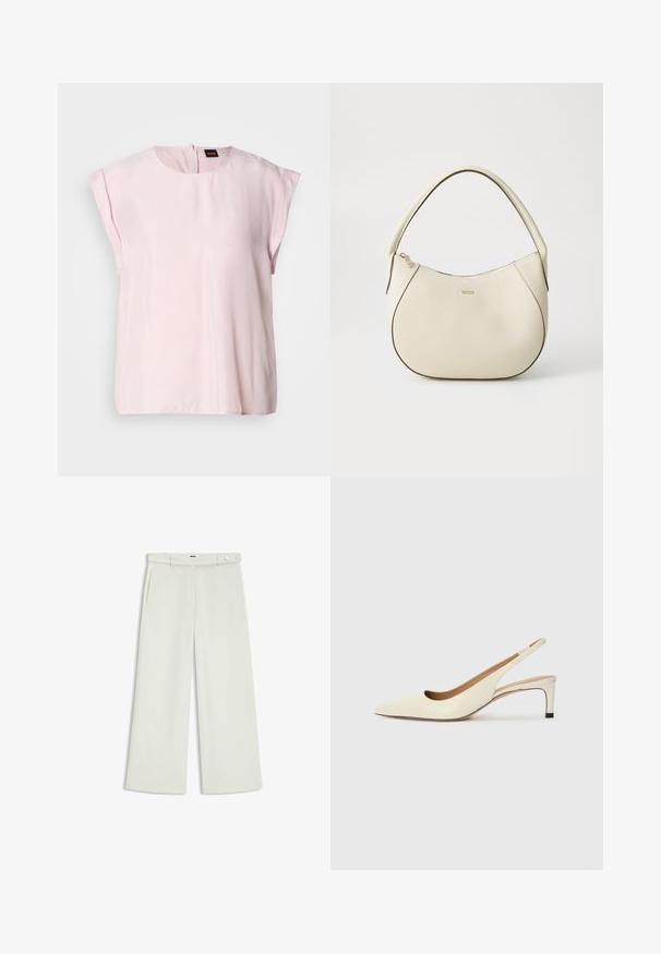 Vaaleanpunainen lyhythihainen paita, jossa on pyöreä pääntie ja hienovarainen kiilto. Takana vetoketj closure ja rento malli. Sileä pinta.; Housut leveillä lahkeilla vaalean kermaisessa kankaassa, jossa on sivutaskut, litteä etuosa ja yksi nappikiinnitys vyötäröllä. Silkkinen pinta.; Kärkisaapas nilkkahihnalla off-white nahasta, jossa on matala korko ja leikattu muotoilu, sileällä pinnalla ja vähäisillä yksityiskohdilla.; Kermakallinen käsilaukku tekstuuripinnalla, kaarevassa muodossa, lyhyellä varrella ja kultaisella logotunnuksella. Vetoketjukiinnitys ylhäällä.