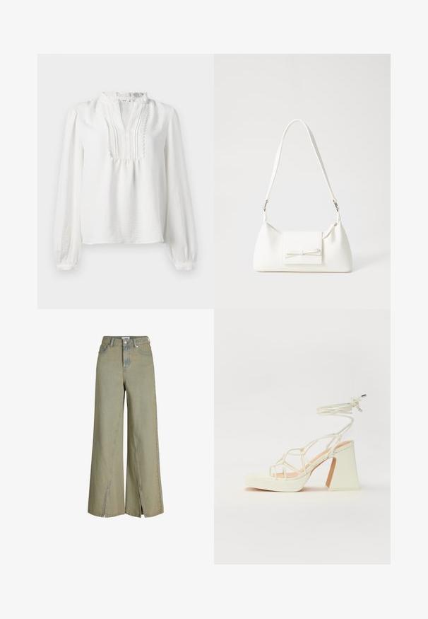 Hvid langærmet bluse med en flæse ved halsudskæringen, plisseret frontdetalje og elastiske manchetter. Blødt stof med en let struktureret finish.; Lysegrønne vide jeans lavet af denim, med høj talje, sideslids og klassiske lomme-detaljer.; Hvide højhælede sandaler med en kraftig hæl, der har et stropdesign og ankelbinding. Glat tekstur med en platform foran for ekstra højde.; Hvid syntetisk håndtaske med en trekantet form, flad forsideklap og sløjfedetalje, justerbar strop, glat tekstur og minimalistisk design.