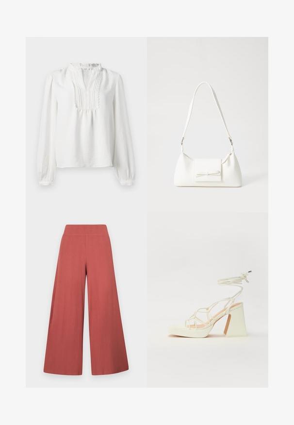Blusa bianca a maniche lunghe con scollatura arricciata, dettagli plissettati sul davanti e polsini elasticizzati. Tessuto morbido con una finitura leggermente texture.; Pantaloni a gamba larga di colore ruggine, realizzati in tessuto strutturato con costine verticali. Presentano una vita alta ed elastica.; Sandalo bianco con tacco alto, caratterizzato da un design a cinturini e un legaccio alla caviglia. Texture liscia con una piattaforma frontale per un'altezza aggiuntiva.; Borsa sintetica bianca a forma triangolare, con patta anteriore piatta e dettaglio a fiocco, tracolla regolabile, texture liscia e design minimalista.