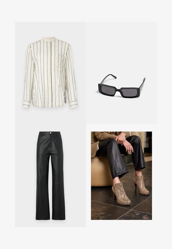 Hedvábná košile s dlouhými rukávy v krémové barvě, se svislými černými pruhy, s mandarínkovým límcem, předním zapínáním na knoflíky a náprsní kapsou.; Černé kožené kalhoty s hladkou texturou, široký střih nohavic, zapínání na knoflík vpředu a jemné švy.; Osoba v černých kožených kalhotách a béžových vysokých botách s hadím vzorem, sedící na béžovém sedadle uvnitř.; Černé sluneční brýle s obdélníkovým rámem, tmavými čočkami a hladkým lesklým povrchem. Mají tenké nožičky s jemným logem na boku.