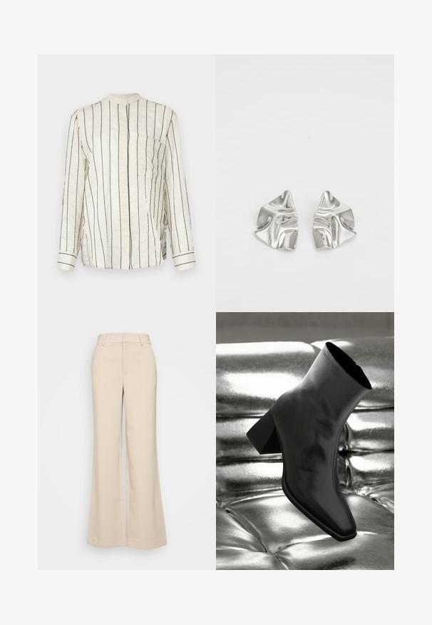 Langarmshirt van crèmekleurige stof met verticale zwarte strepen, voorzien van een opstaande kraag, knoopsluiting aan de voorkant en een borstzak.; Beige wijduitlopende broek met een gladde textuur, voorzien van een hoge tailleband en twee voorzakken. Schoon ontwerp met een getailleerde pasvorm.; Zwarte enkellaarsjes van glanzend materiaal met een vierkante neus en taps toelopende hak, afgezet tegen een glanzende zilveren gecapitonneerde achtergrond.; Zilveren metalen oorbellen met een golvend, sculpturaal ontwerp, voorzien van een gepolijste afwerking en onregelmatige vormen, die een hedendaagse esthetiek benadrukken.