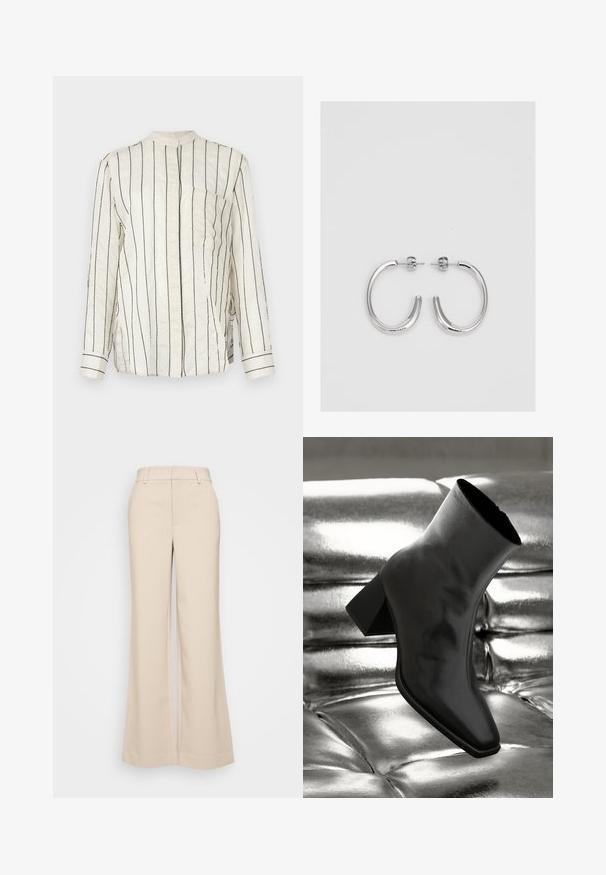 Koszula z długim rękawem w kremowym materiale z pionowymi czarnymi paskami, z kołnierzykiem mandarynkowym, zapięciem na guziki z przodu i kieszenią na piersi.; Beżowe spodnie szerokie z gładką strukturą, z wysokim stanem i dwoma przednimi kieszeniami. Czysty design o dopasowanym kroju.; Czarne botki za kostkę wykonane z błyszczącego materiału, z kwadratowym noskiem i zwężającym się obcasem, na tle błyszczącego srebrnego tapicerowanego tła.; Srebrne kolczyki na biglu o gładkim, błyszczącym wykończeniu. O zaokrąglonym kształcie, lekkim designie, z zamknięciem na zatrzask.