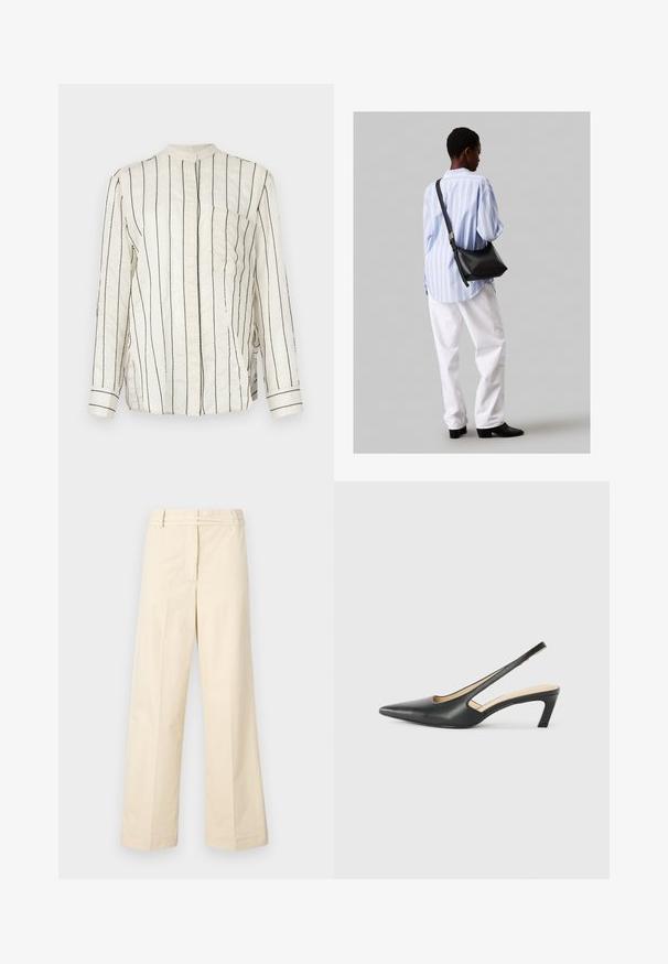 Kreemivärvi pikkade varrukatega särk, millel on vertikaalsed mustad triibud, mandariinikaelus, esiluku nupud ja rinnaeend.; Bežid laiad püksid, millel on lame eesmine osa, vööaasad ja lukuga lend. Valmistatud kergest puuvillast materjalist, millel on sile tekstuur.; Must mustaga, terav varvas, madala kontsaga sildiga king, mis on valmistatud siledast nahast ja mille küljel on lõike disain hingavuse tagamiseks.; Must have mustras alasi nahkpatsi, pehme tekstuuriga, kolmnurkse kujuga ja reguleeritava rihmaga, koos helesinise triibulise särgi ja valgete pükstega.