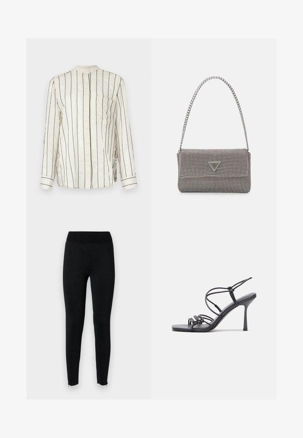 Chemise à manches longues en tissu crème avec des rayures verticales noires, dotée d'un col mandarin, d'une fermeture à boutons sur le devant et d'une poche à la poitrine.; Leggings noirs avec une taille côtelée, fabriqués en tissu texturé avec un léger reflet métallique, présentant des zippers aux ourlets des chevilles.; Des sandales noires à talons hauts avec des fines lanières au design noué, un bout carré lisse et un talon aiguille élégant.; Sac à main en métal gris clair avec une bandoulière en chaîne, orné de petits clous métalliques ronds et d'un logo de marque triangulaire.; Boucles d'oreilles en argent avec une finition lisse et brillante. Forme arrondie, conception légère, avec un fermoir à tige.
