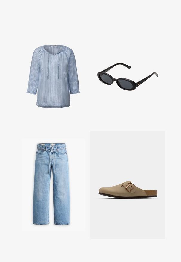 Lysblå linnedbluse med hvide lodrette striber, V-hals, trekvartærmer og snøre detaljer ved halsudskæringen. Glat tekstur.; Langærmet bomulds T-shirt med sort og hvid vandret stribemønster, rund hals og blød tekstur. Ingen synlige hardware eller accenter.; Lysblå denim bukser med vid ben, høj talje, knap- og lynlåslukning samt snoretræk i taljen. Raflet kant.; Beige klipklapper med rund tå, justerbar spænde og korksål. Tekstureret overflade med en sort gummisål for godt greb.; Store store