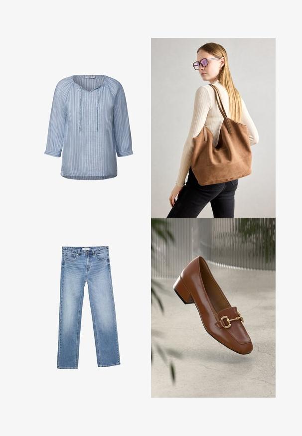 Blusa di lino azzurro chiaro con strisce verticali bianche, scollo a V, maniche a trequarti e dettaglio con cordoncino al collo. Texture liscia.; Jeans in denim blu a gamba dritta, con un lavaggio sbiadito, cinque tasche e una chiusura a bottone classica. Materiale in cotone con cuciture ben visibili.; Mocassino in pelle verniciata marrone con punta quadrata, accentato da catena metallica e tacco basso; texture liscia, design minimalista.; Borsa a tracolla in suede marrone con texture morbida, ampia apertura e lunghe cinghie. Caratterizzata da un design semplice con cuciture visibili e senza accessori.
