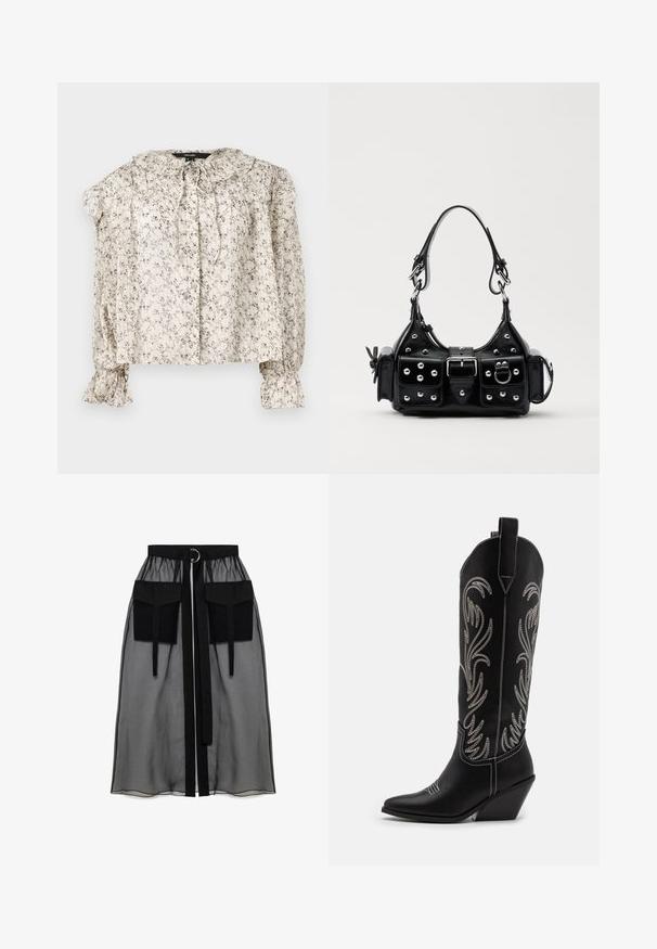 Lightweight, cream blouse with small floral print. Features a ruffled collar, tie detail, and gathered sleeves with flared cuffs. Five buttons.; Black sheer skirt with a gathered waistband, featuring two large front pockets, a waist tie, and a circular metal accent.; Black leather cowboy boots with pointed toes, wedge heels, and silver embroidered floral patterns along the shaft. Contrast stitching throughout.; Black leather handbag with a curved design, featuring silver studs, a buckle, and two side pockets. Adjustable strap for carrying options.