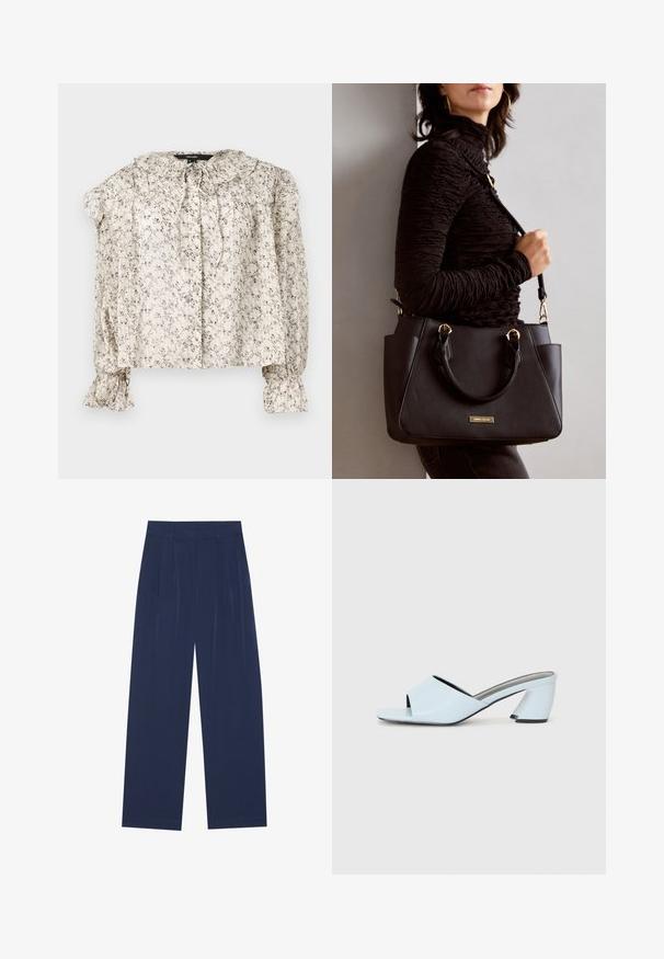 Lahki, kremna bluzica z majhnim cvetličnim potiskom. Ima nabran ovratnik, detajl z vezanjem in nabirane rokave z razširjenimi manšetami. Pet gumbov.; Mornarsko modri široki hlače iz mehkega materiala, ki imajo sprednje drapiranje, gladko teksturo in ravno silhueto brez vidnih žepov.; Svetlo modre sandale na peto z odprtim prstom in geometrijskim vzorcem, ki imajo širok trak čez nogo in masiven, kotni višji del.; Črna torbica z teksturirano površino, z dvema zgornjima ročajema in nastavljivim ramenskim pasom. Ima zlatovrateče dodatke in stranske žepe.