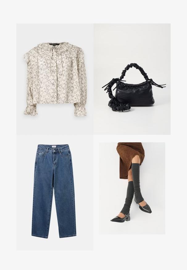 Lightweight, cream blouse with small floral print. Features a ruffled collar, tie detail, and gathered sleeves with flared cuffs. Five buttons.; Classic blue denim jeans with a straight-leg design, five pockets, and a button closure. Features a medium wash and sturdy texture.; Black patent leather pointed-toe shoes with a block heel and ankle strap, paired with gray ribbed leg warmers and a brown suede skirt.; Black faux leather handbag with a crocodile texture, cinched top, and a scrunched strap. Appears soft and compact in design.