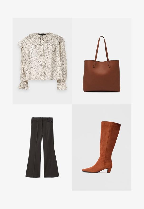 Blusa leggera in crema con piccola stampa floreale. Presenta un colletto arricciato, un dettaglio con fiocco e maniche gather con polsini svasati. Cinque bottoni.; Pantaloni neri a zampa d'elefante con vita alta; presentano due tasche frontali e una texture del tessuto liscia. Adatti per varie occasioni.; Stivale marrone in suede alto fino al ginocchio con punta affusolata e tacco a blocco piccolo, caratterizzato da una superficie liscia e un design minimalista.; Borsa tote in pelle marrone con texture liscia, design con apertura superiore e due spallacci. Presenta cuciture minime e nessun hardware visibile.