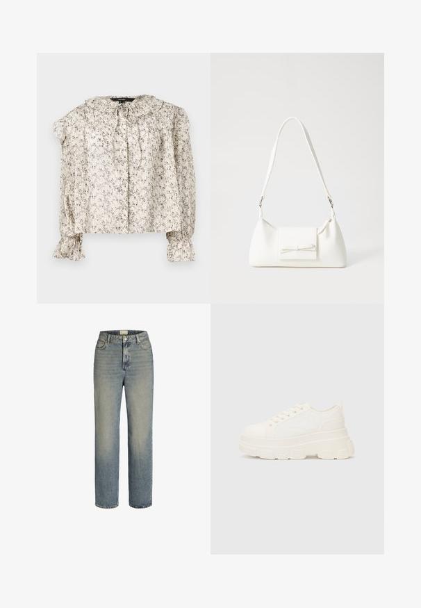 Könnyű, krém színű blúz kisméretű virágmintával. Ráncolt gallérral, megkötő részlettel és fodros ujjak flared mandzsettával rendelkezik. Öt gomb.; Világoskék farmerruha egyenes lábbal, magas derékkal, öt zsebes stílussal és enyhe kopással. Fémgombos és cipzáras záródással rendelkezik.; Fehér vászon sportcipő vastag talppal, lekerekített orral és öt fűzőlyukkal. Hátulján egy fül a könnyű felvétel érdekében. Simára kidolgozott textúra, minimális dizájn.; Fehér szintetikus kézitáska, háromszög alakú, lapos előlap, masni részlettel, állítható pánttal, sima textúrával és minimalista dizájnnal.