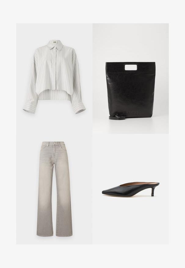 Striped blouse with a cropped design, made of lightweight fabric. Features a button-down front, collar, and wide, rolled cuffs. Light gray and white.; Gray wide-leg jeans with a faded finish, button closure, five-pocket design, and stitched detailing along the seams.; Black leather mules with a pointed toe and low, block heel. Smooth texture with a sleek design. Open back with minimal detailing.; Black leather tote bag with a square handle, featuring a textured finish and embossed logo. Includes a detachable strap.