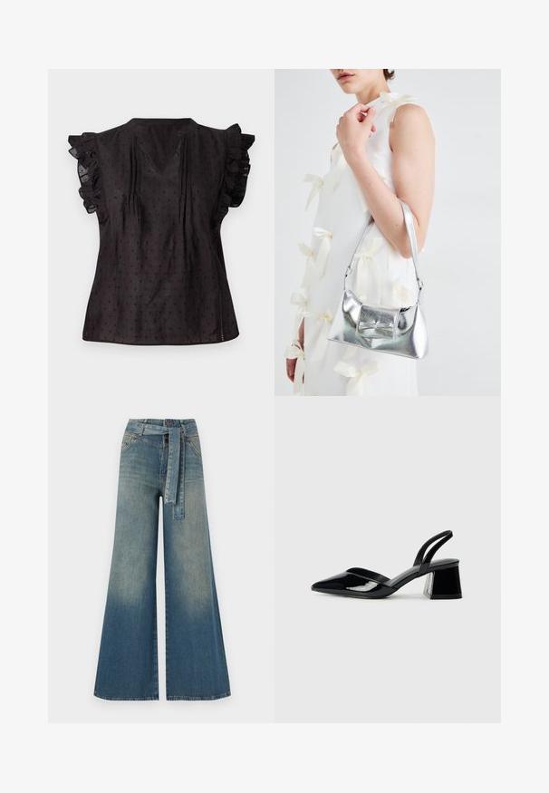 Čierna blúzka s výstrihom do V, krátkymi volánovými rukávmi, textúrovanou látkou a malým bodkovaným vzorom po celej ploche. Bočné rozparky zvyšujú pohodlie.; Džínsy s širokými nohavicami, ktoré majú prechod od svetlomodrej po tmavomodrú, vysoký pás, pútka na opasok a opasok z rovnakého materiálu. Textúrovaný denimový povrch.; Čierne lakované kožené sandálové podpätky s špicatou špičkou a geometrickým blokovým podpätkom. Disponujú elegantným, minimalistickým dizajnom a hladkým povrchom.; Strieborná metalická kabelka so štruktúrovaným tvarom, ktorá má hornú rukoväť a mašľu na prednej strane. Hladká textúra, reflexný povrch.