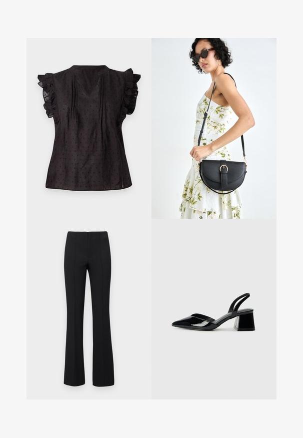 Melna blūze ar V veida kakla izgriezumu, viļņotām īsām piedurknēm, teksturētu audumu un mazu punktiņu rakstu visā virsmā. Sānu šķelumi uzlabo komfortu.; Melnas flared bikses ar ribotu tekstūru un pieguļošu vidukli. Dizainā ir vertikālas šuves, lai radītu plūdenu izskatu. Nav redzamu aprīkojumu.; Melna lakota āda ar atvērto papēdi, ar smailu purngalu un ģeometrisku blokpapēdi. Iezīmējas elegants, minimāls dizains un gluda tekstūra.; Melnas ādas rokassoma ar izliekta formu, noņemamu siksnu un zelta aksesuāriem. Somai ir vāciņš ar sprādzes detaļu.