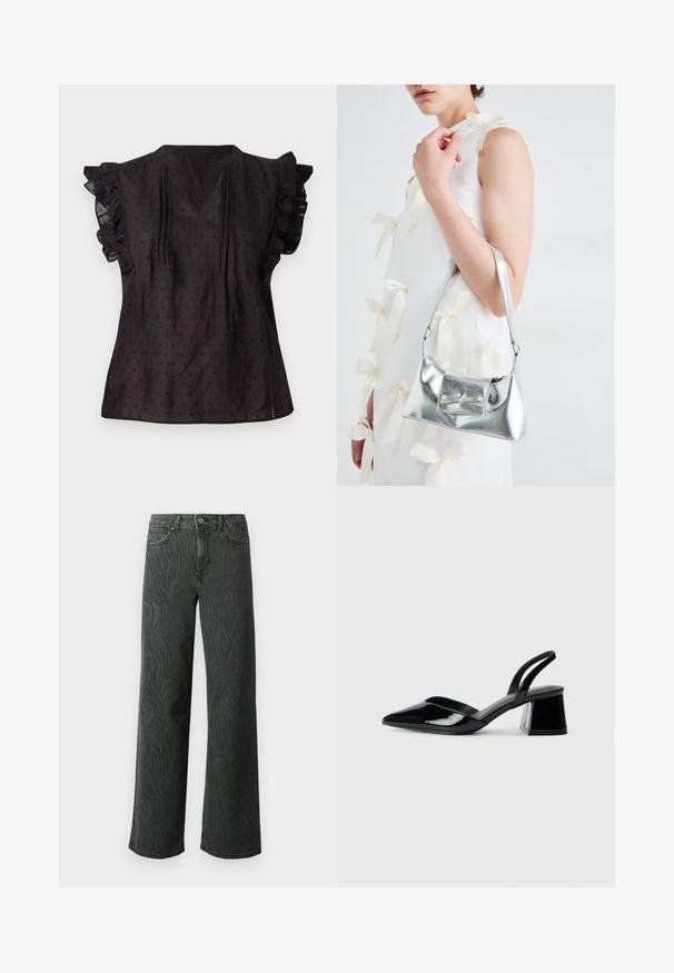 Blusa preta com decote em V, mangas curtas com babados, tecido texturizado e padrão de bolinhas pequenas por todo o lado. As fendas laterais aumentam o conforto.; Calças de perna larga em denim cinza escuro, apresentando uma textura sutil de padrão zebra, costura em contraste e um design de cinco bolsos com fecho de botão.; Sandy em verniz preto com salto slingback, ponta afilada e salto geométrico. Apresenta um design elegante e minimalista com textura suave.; Bolsa metálica prateada com uma forma estruturada, apresentando uma alça superior e um detalhe de laço na frente. Textura suave, acabamento reflexivo.
